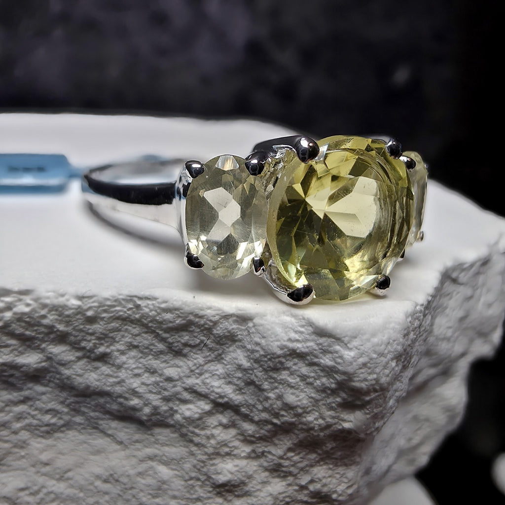 Natural Lemon Quartz 3-Stone Ring in 925 Sterling Silver – Size 8
