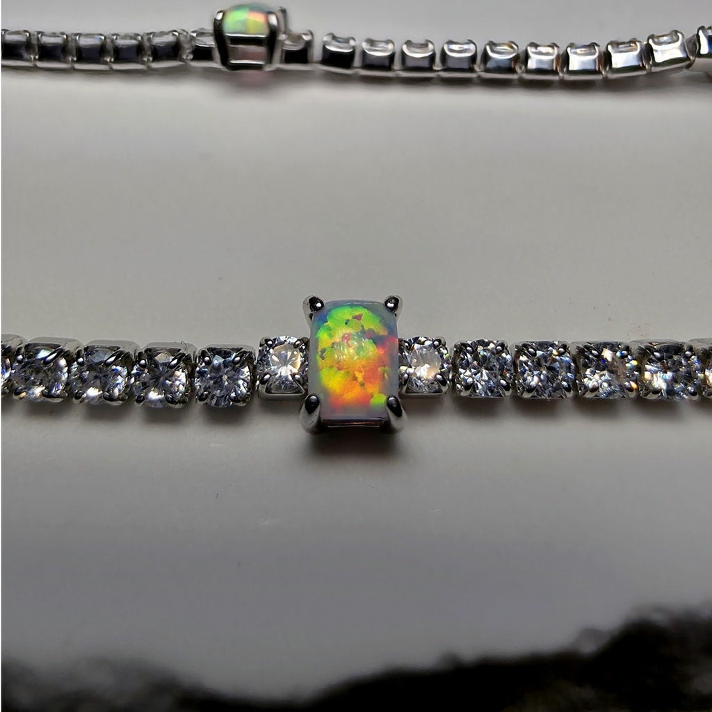 7" 925 Sterling Silver Ethiopian Opal & CZ Tennis Bracelet | Iridescent Station