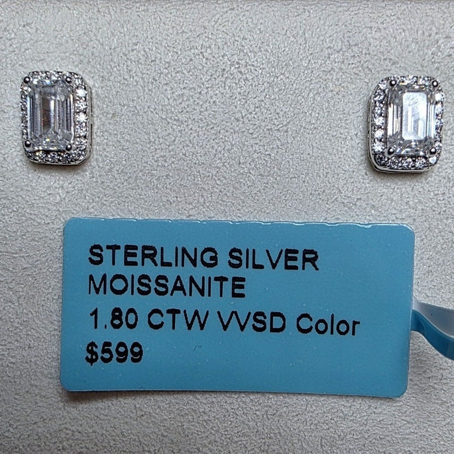 1.80ctw VVS Moissanite Baguette Halo Stud Earrings - 6.4mm, 925 Sterling Silver
