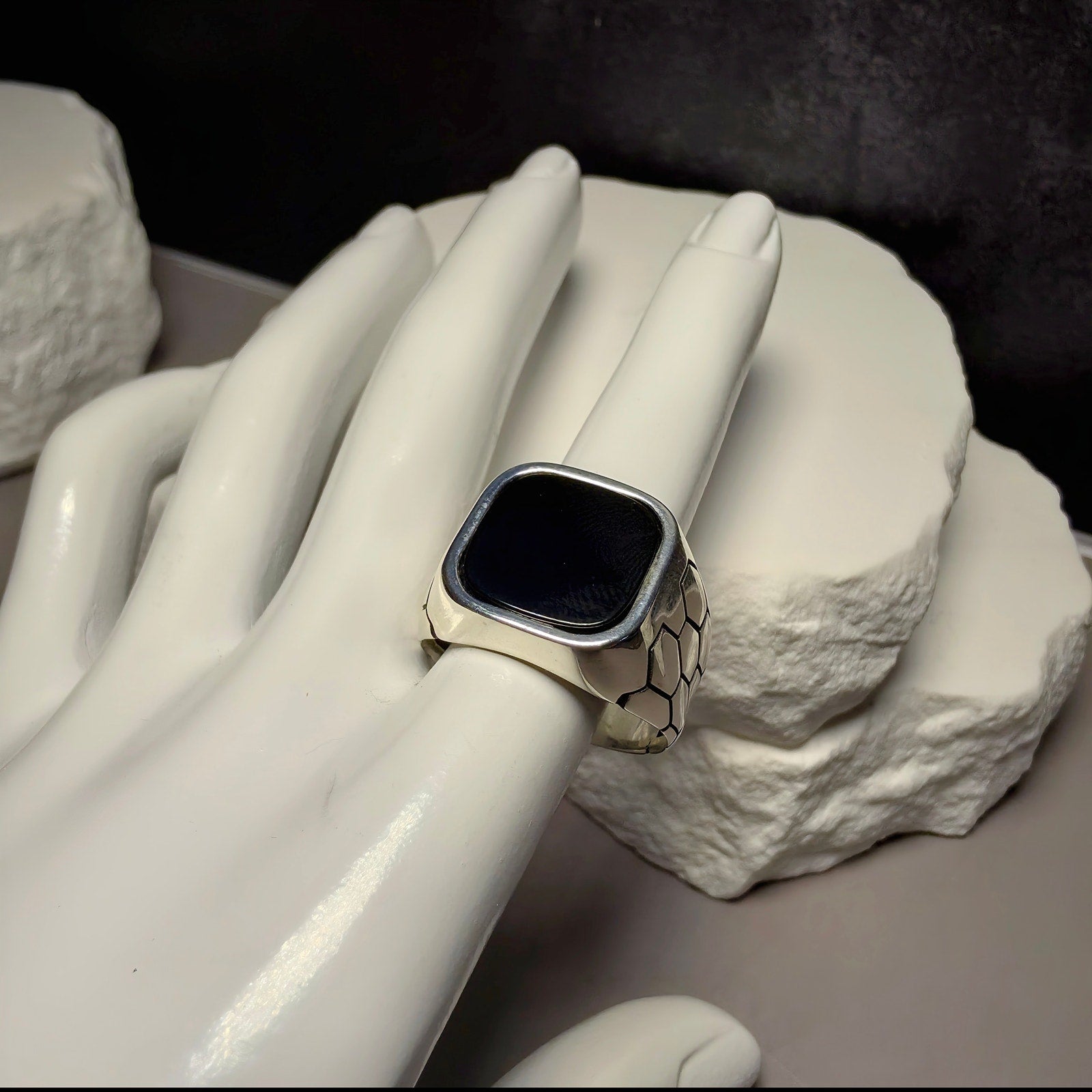 925 Sterling Silver Black Onyx Signet Men's Ring Hexagon Honeycomb Size 12.5 10g