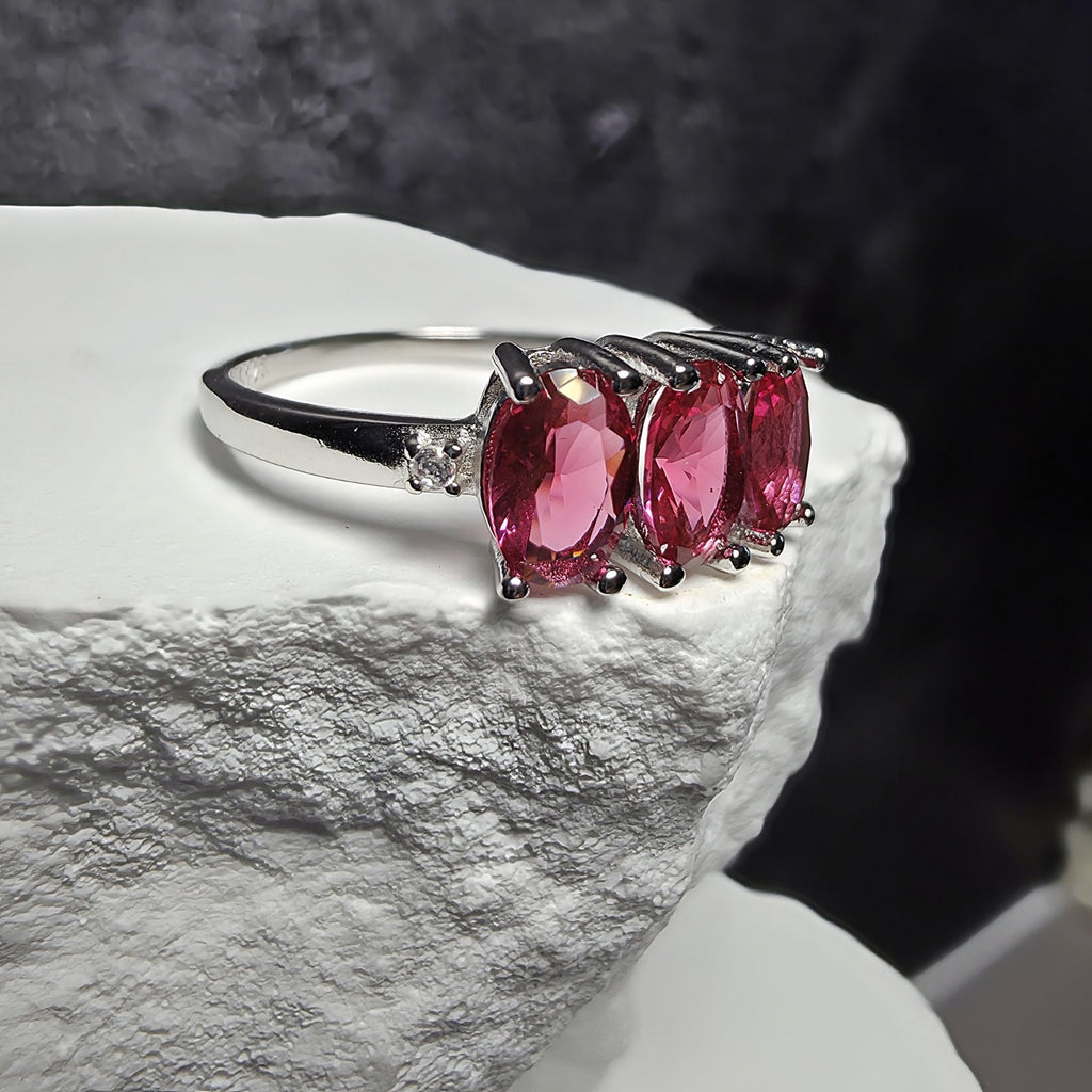 Natural Ruby Three-Stone Ring in 925 Sterling Silver – Size 7
