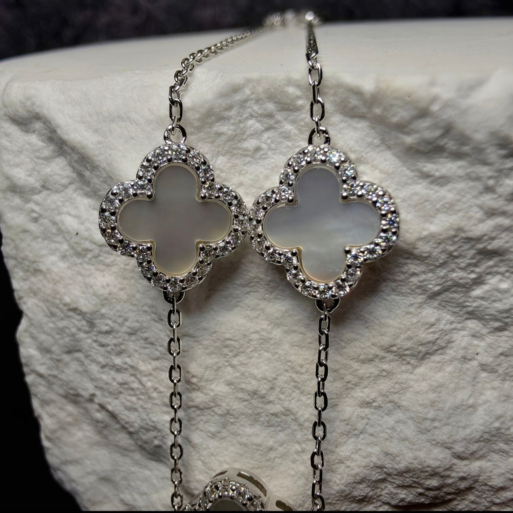 7+1" 0.44ctw Moissanite Mother of Pearl Clover Bracelet 925 Sterling Silver