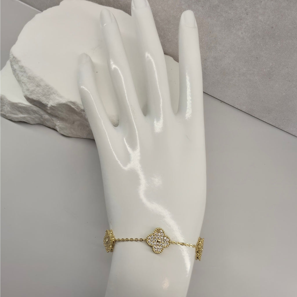 7+1" 12mm Pave Large Five-Motif Clover Bracelet Gold Plated 925 Silver
