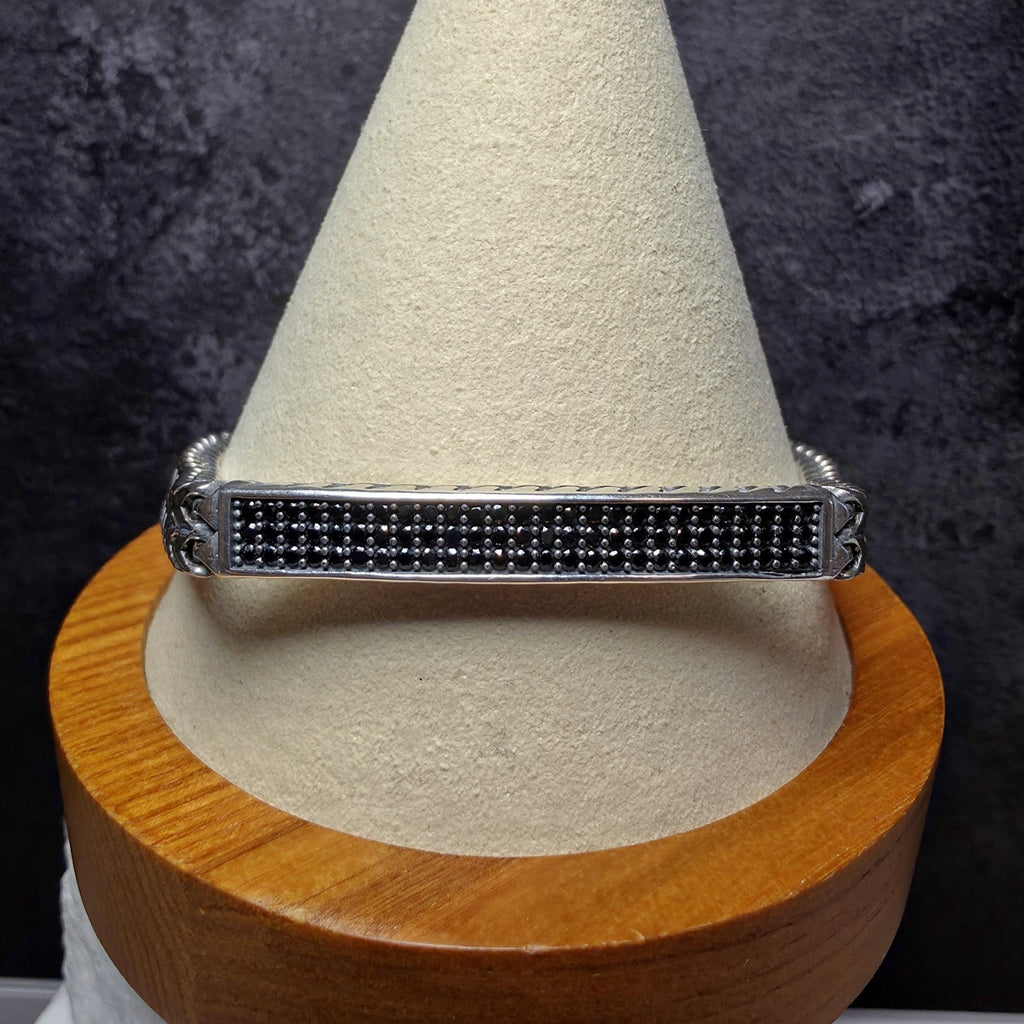 925 Sterling Silver Black Spinel ID Bar Double Franco Link Bracelet 9" 32g 7mm
