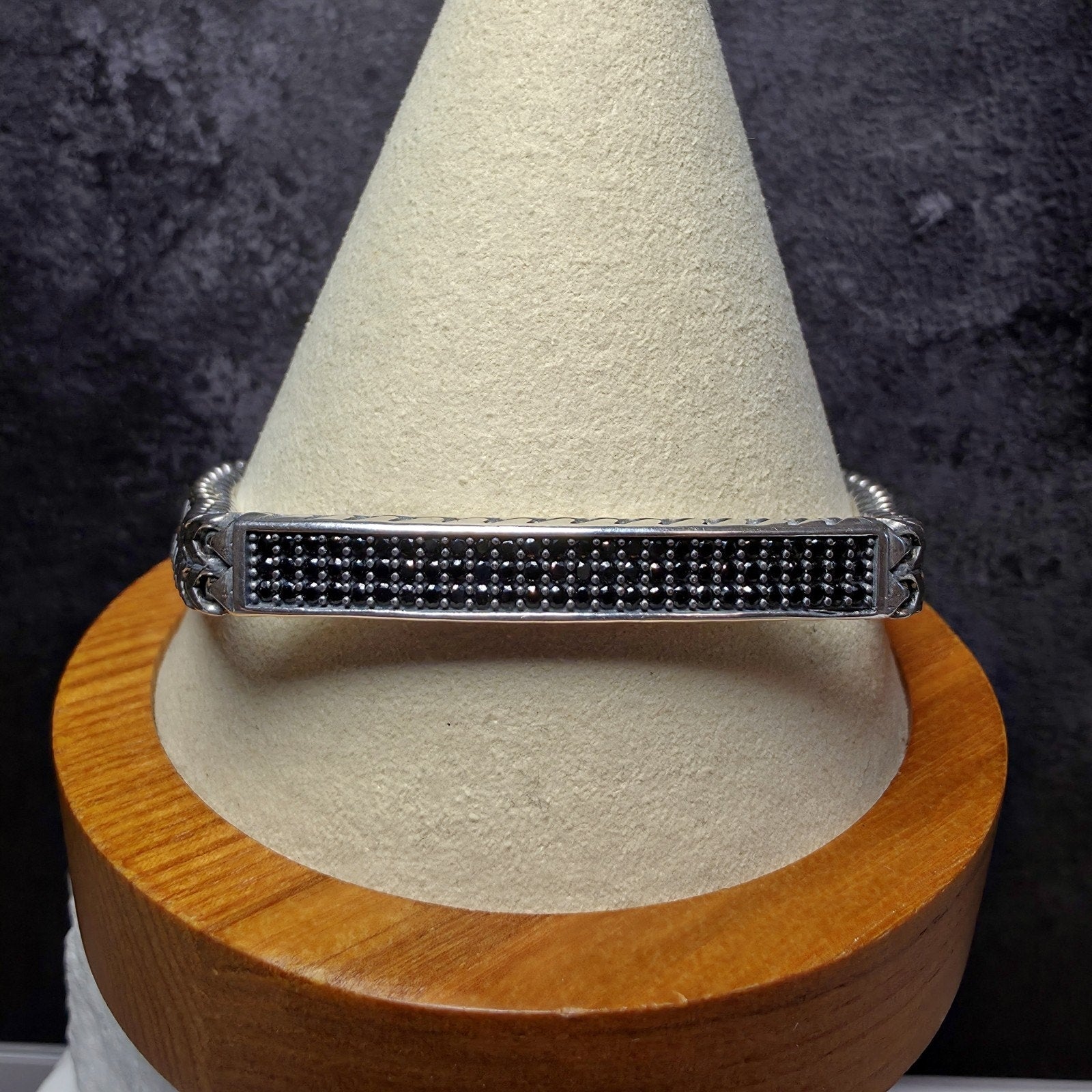 925 Sterling Silver Black Spinel ID Bar Double Franco Link Bracelet 9" 32g 7mm