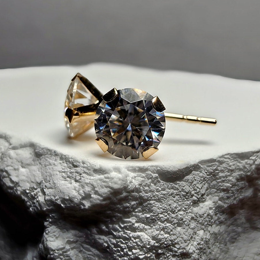 14K Solid Yellow Gold 5mm 0.90ctw Round Moissanite Stud Earrings GRA Certified