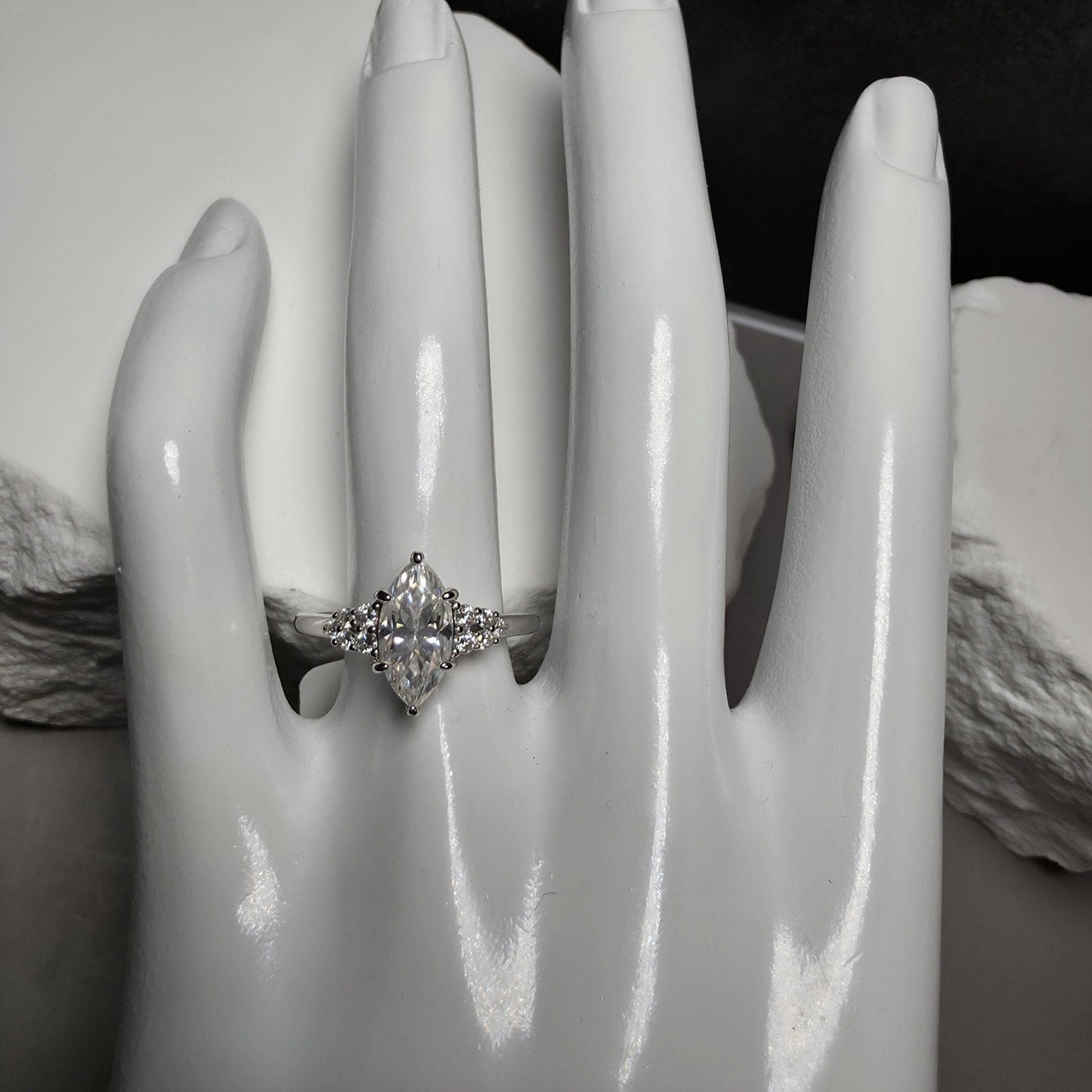 1.68Ctw D Color VVS1 Marquise Moissanite Solitaire Ring with Accents | Size 7