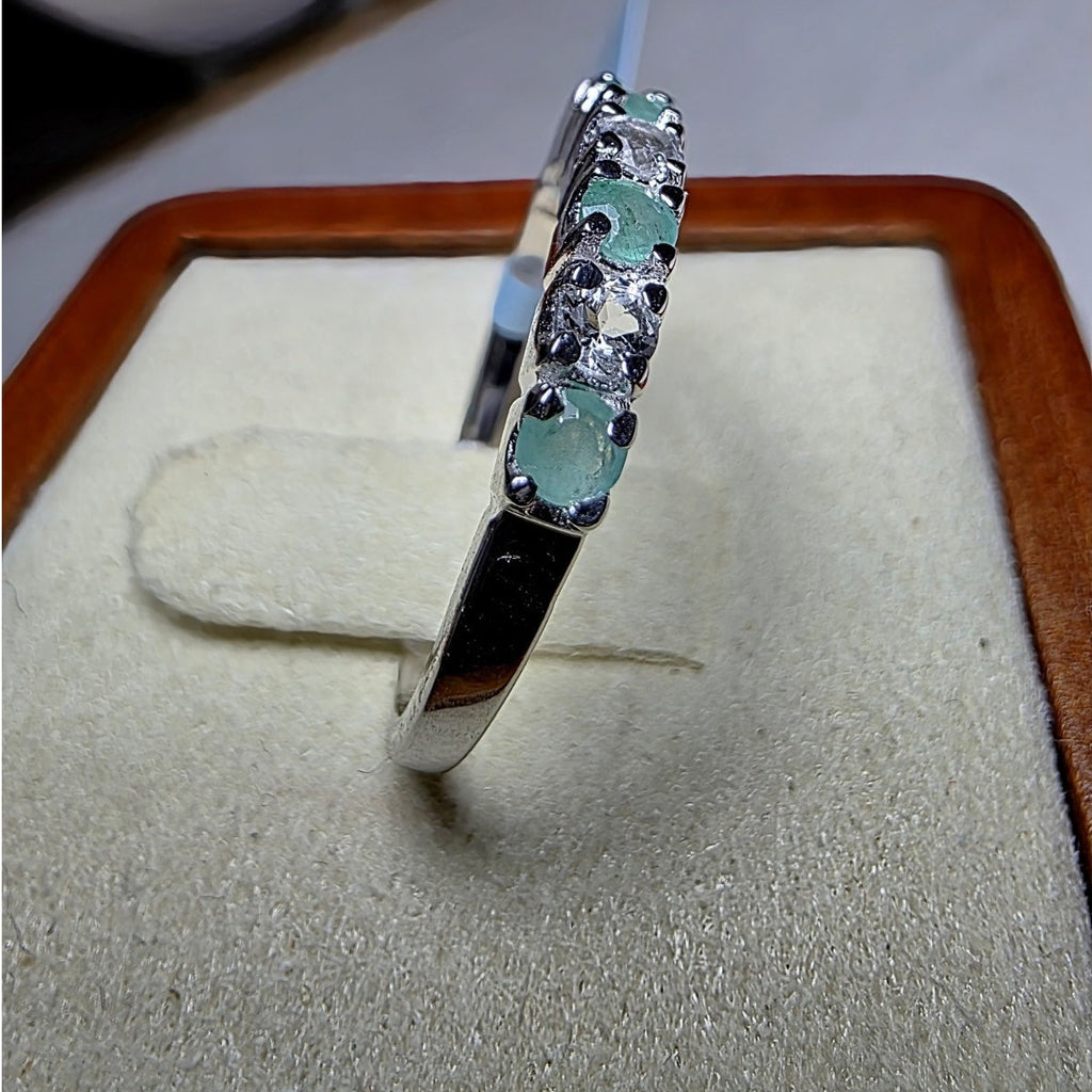 Size 7 Natural Emerald & 0.46ctw Moissanite Half Eternity Band 925 Silver Ring