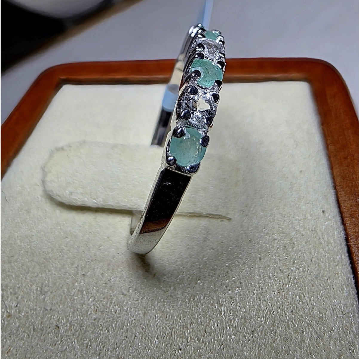 Size 7 Natural Emerald & 0.46ctw Moissanite Half Eternity Band 925 Silver Ring