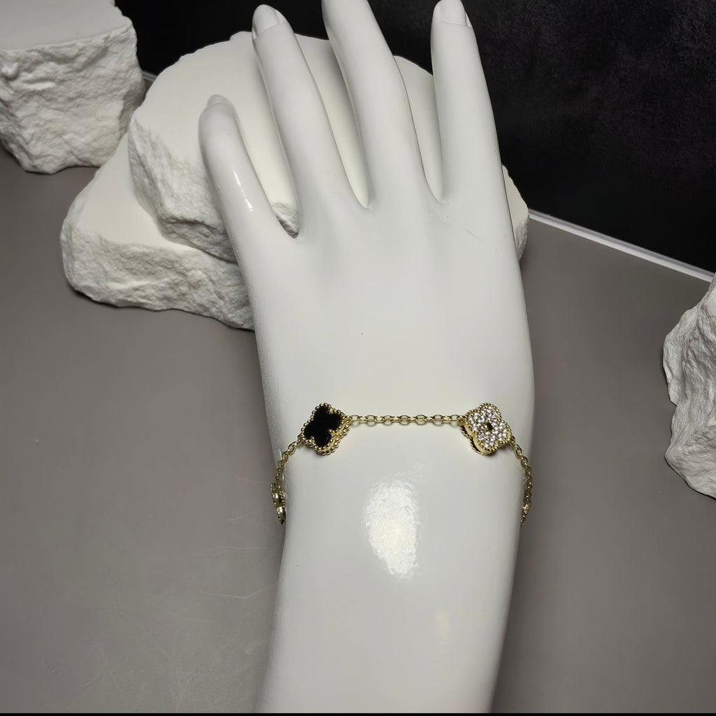 7+1" Gold Over Sterling Silver Onyx & CZ Clover Station Bracelet