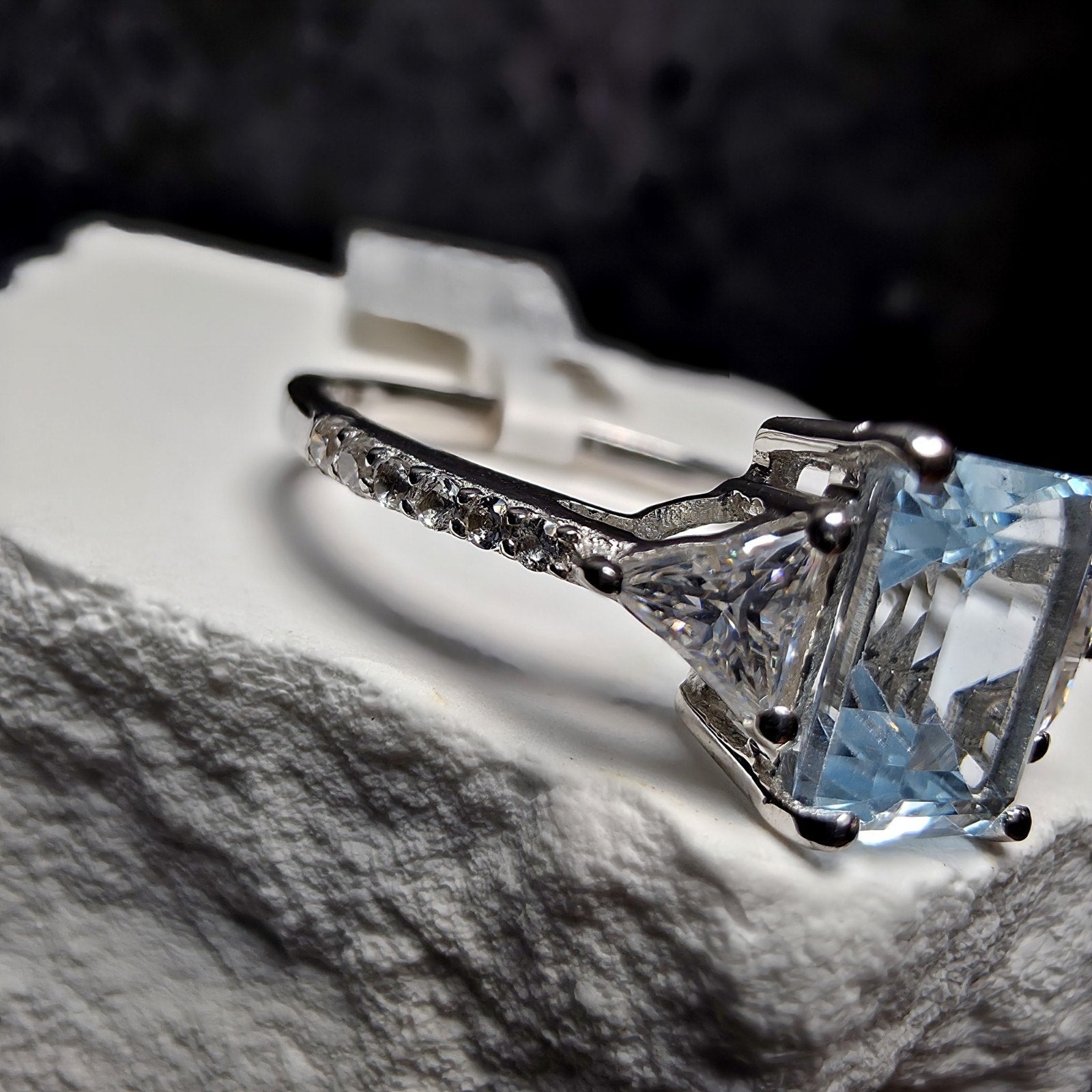 Natural Aquamarine Ring 1.85CT Emerald Cut with Moissanite & White Topaz Size 8
