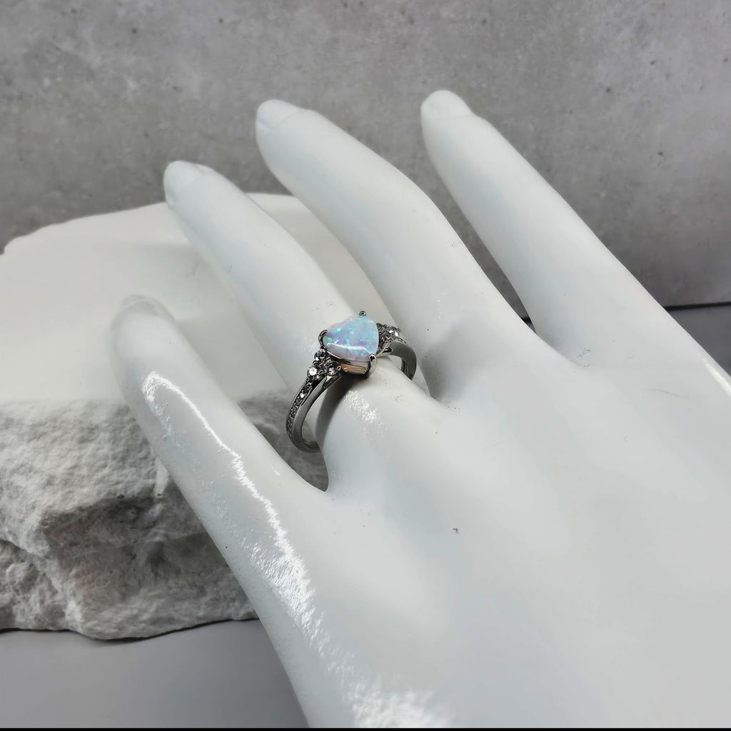 925 Sterling Silver Lab Opal Heart Ring with CZ Accents – Size 7