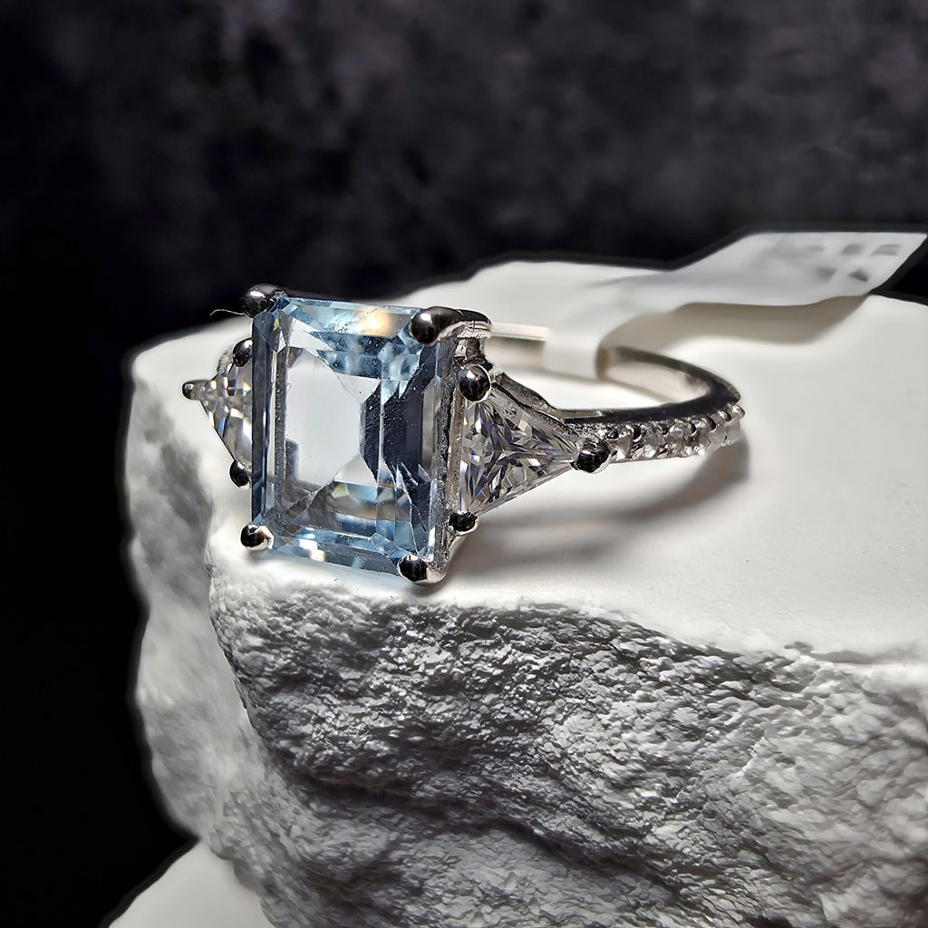 Natural Aquamarine Ring 1.85CT Emerald Cut with Moissanite & White Topaz Size 8