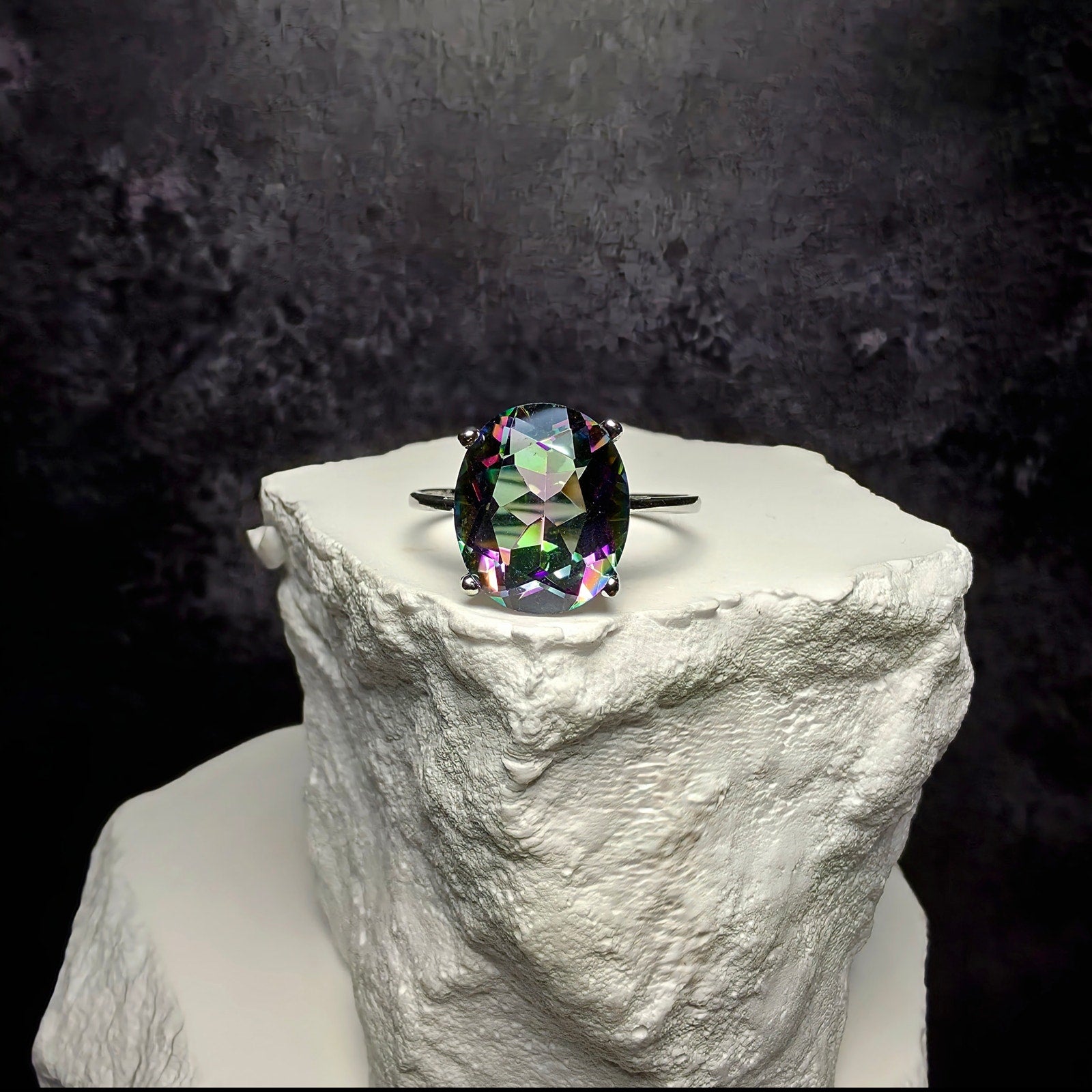 Genuine Oval Mystic Topaz Solitaire Ring in 925 Sterling Silver – Size 8