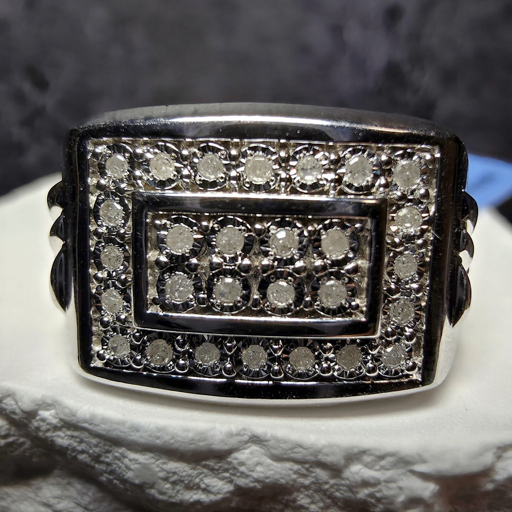 Men's 0.15 CTW Natural Diamond Signet Ring 925 Sterling Silver Band Size 10