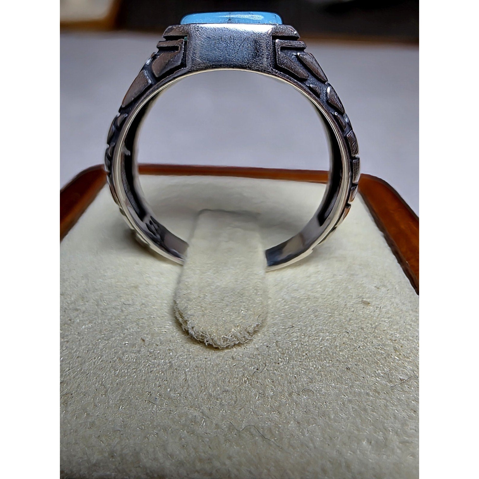 S10 Natural Turquoise Signet Engraved Ring 925 Sterling Silver