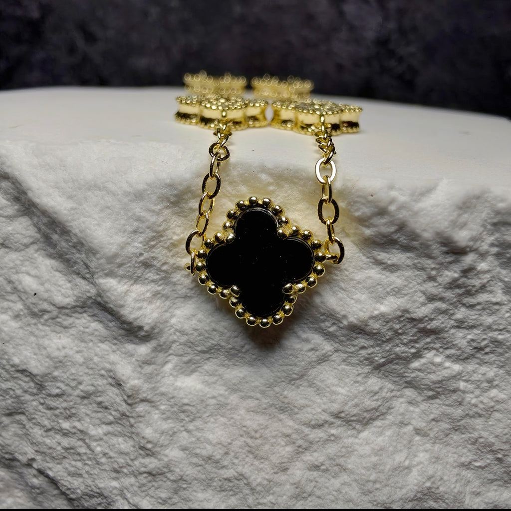 7+1" Gold Over Sterling Silver Onyx & CZ Clover Station Bracelet