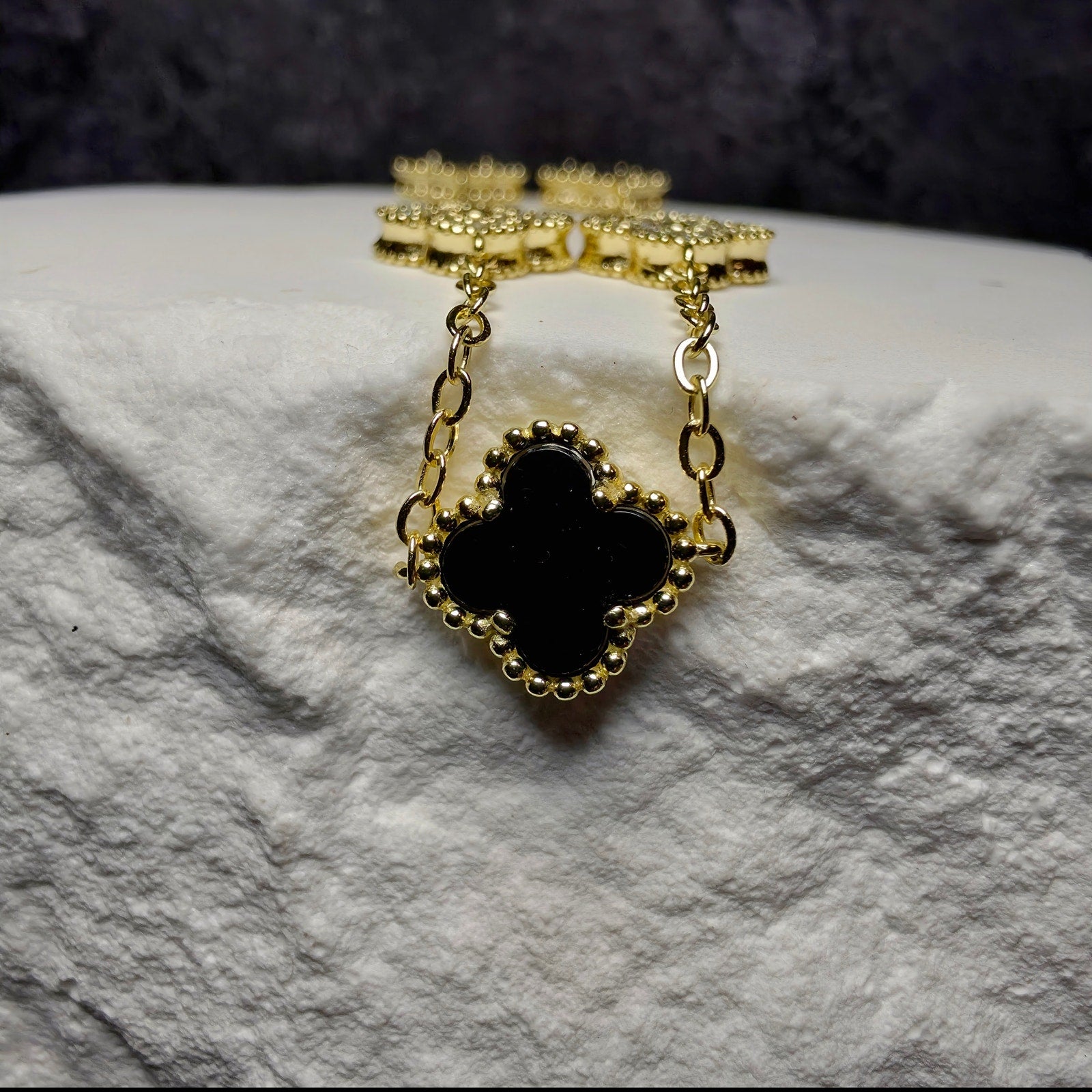 7+1" Gold Over Sterling Silver Onyx & CZ Clover Station Bracelet