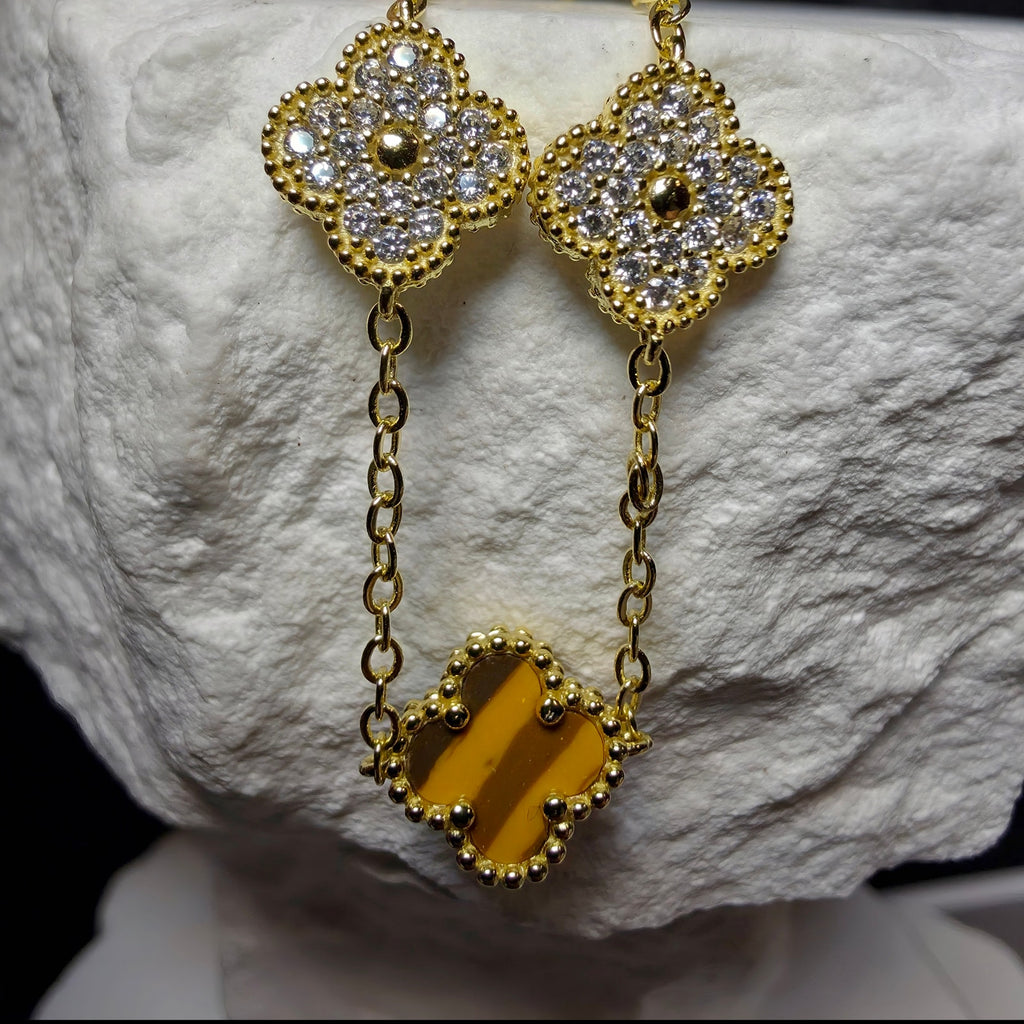 7+1" Tiger's Eye & CZ Clover Station Bracelet in Gold over 925 Sterling Silver