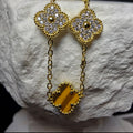 7+1" Tiger's Eye & CZ Clover Station Bracelet in Gold over 925 Sterling Silver
