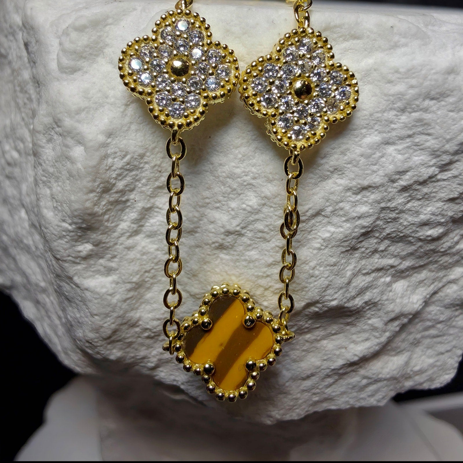 7+1" Tiger's Eye & CZ Clover Station Bracelet in Gold over 925 Sterling Silver