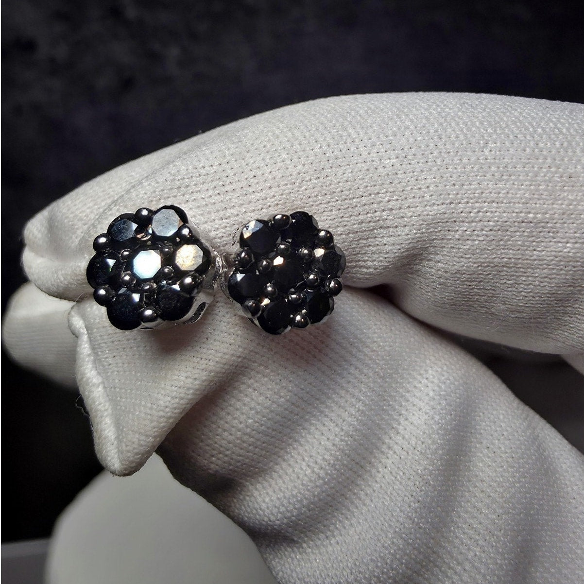 1.096ctw Natural Black Diamond Cluster Stud Earrings