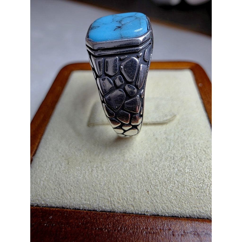 S10 Natural Turquoise Signet Engraved Ring 925 Sterling Silver