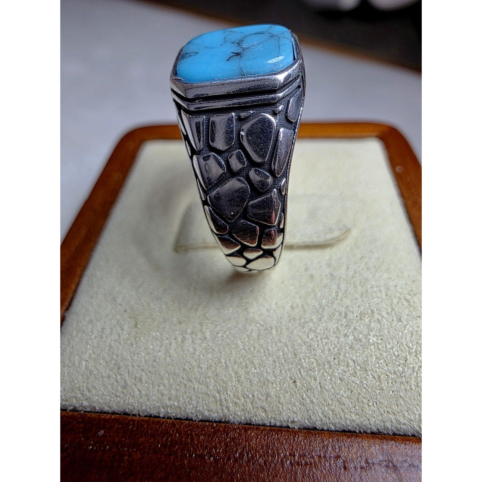 S10 Natural Turquoise Signet Engraved Ring 925 Sterling Silver