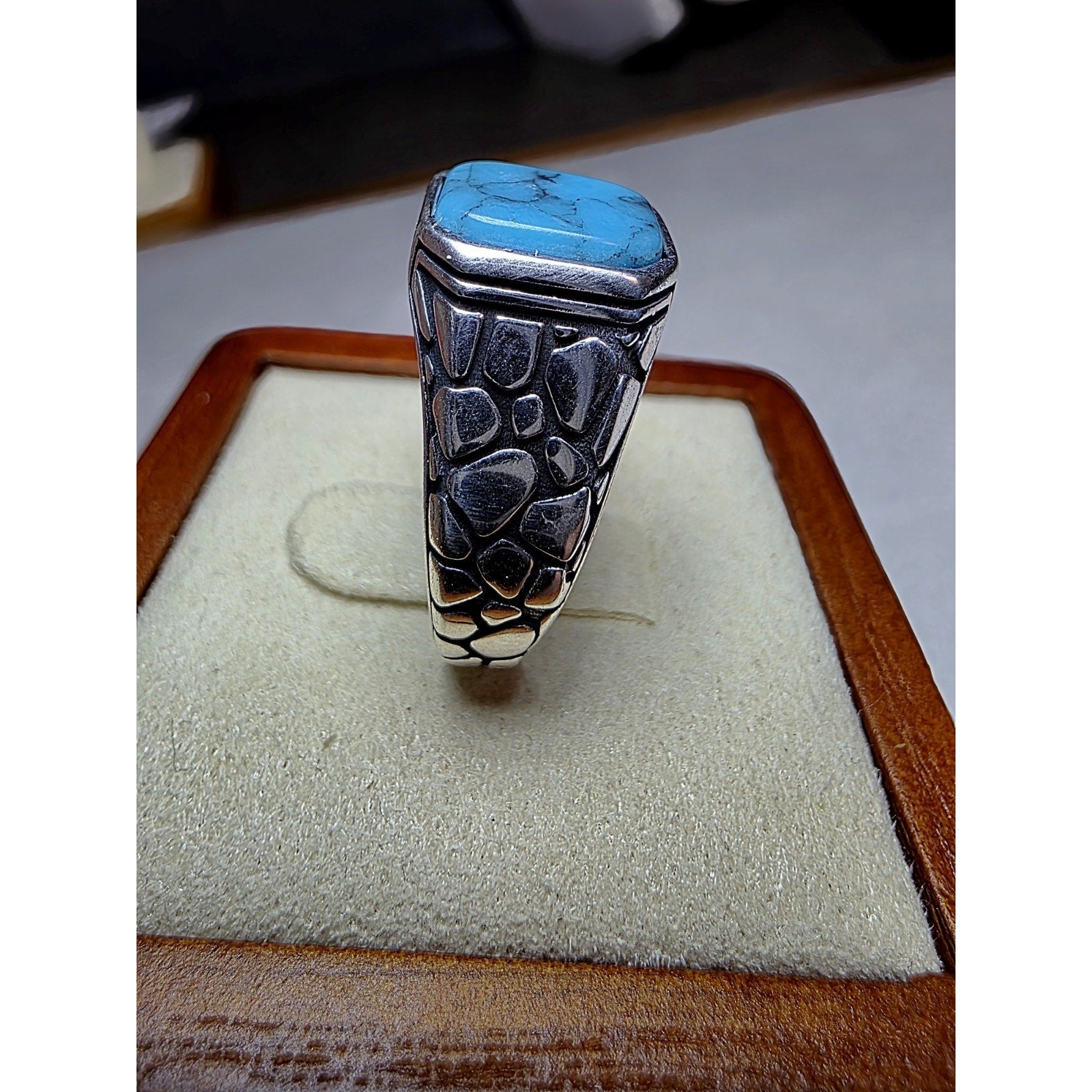 S10 Natural Turquoise Signet Engraved Ring 925 Sterling Silver