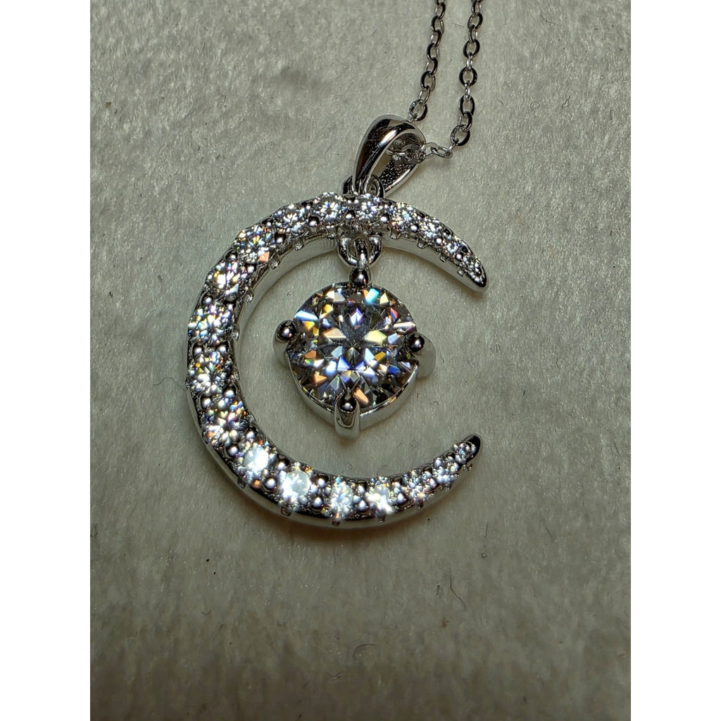 18-20" 1.54ctw Moissanite Crescent Moon and Star Pendant 925 Sterling Silver