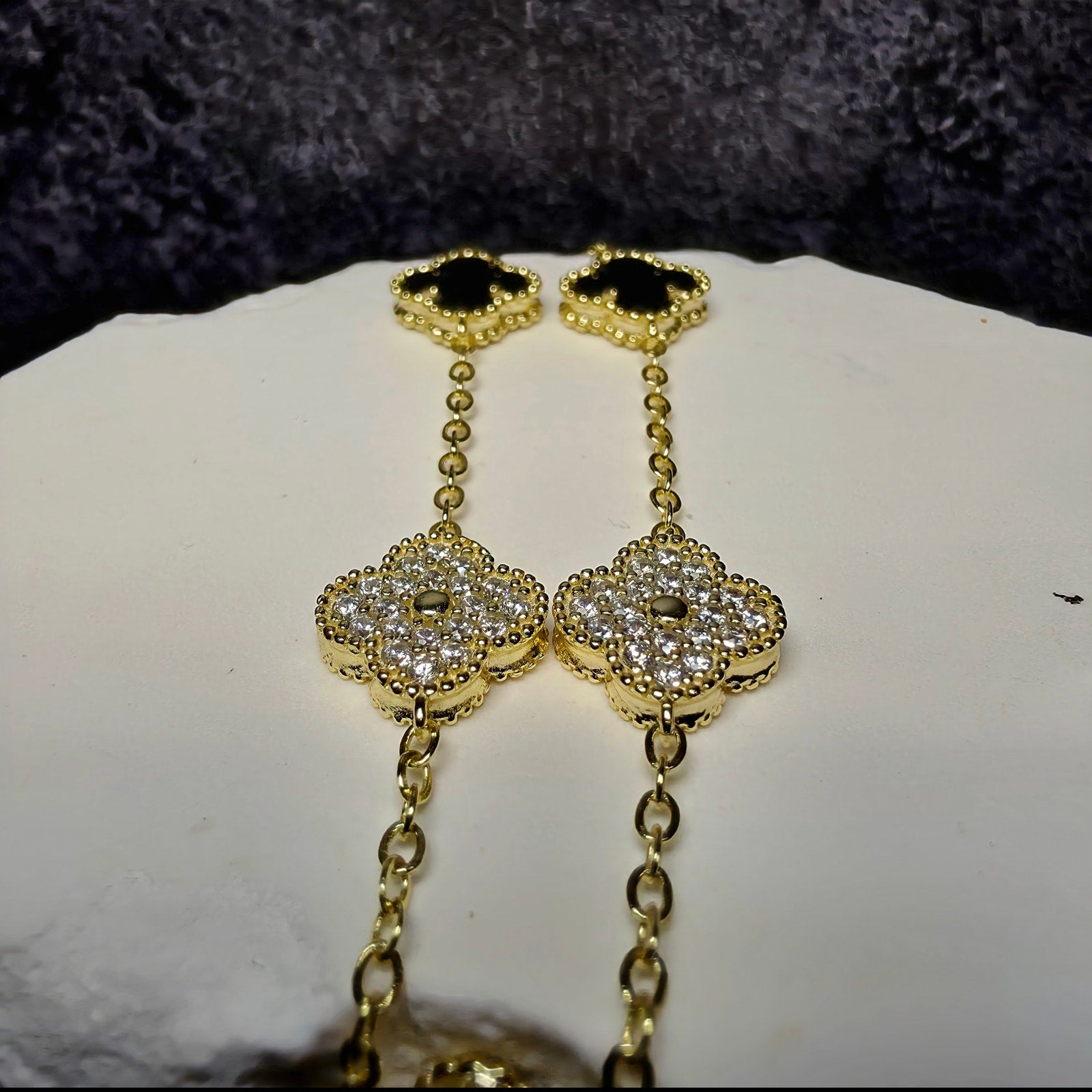 7+1" Gold Over Sterling Silver Onyx & CZ Clover Station Bracelet