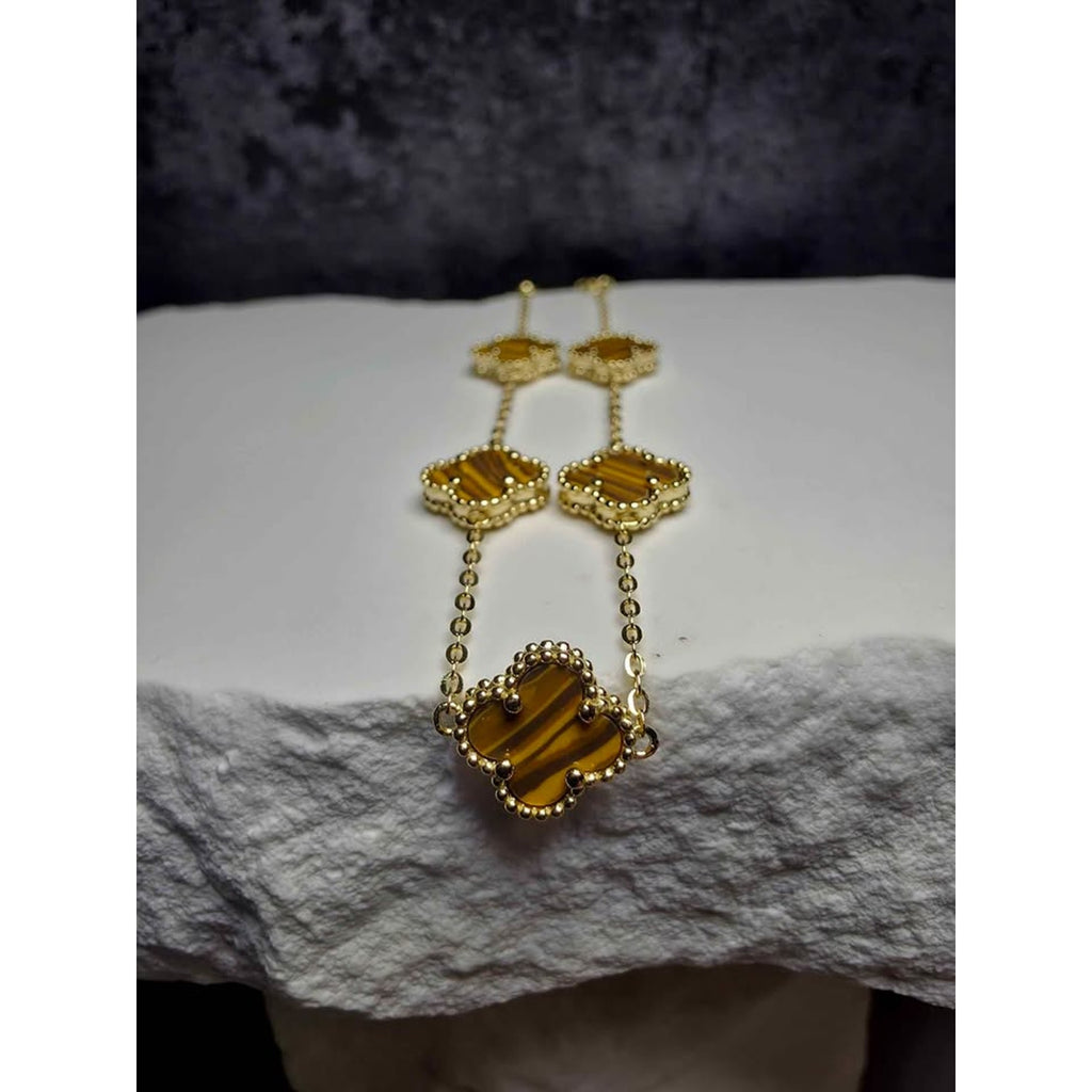 7+1" Genuine Tigers Eye Clover Bracelet Gold over Solid 925 Sterling Silver