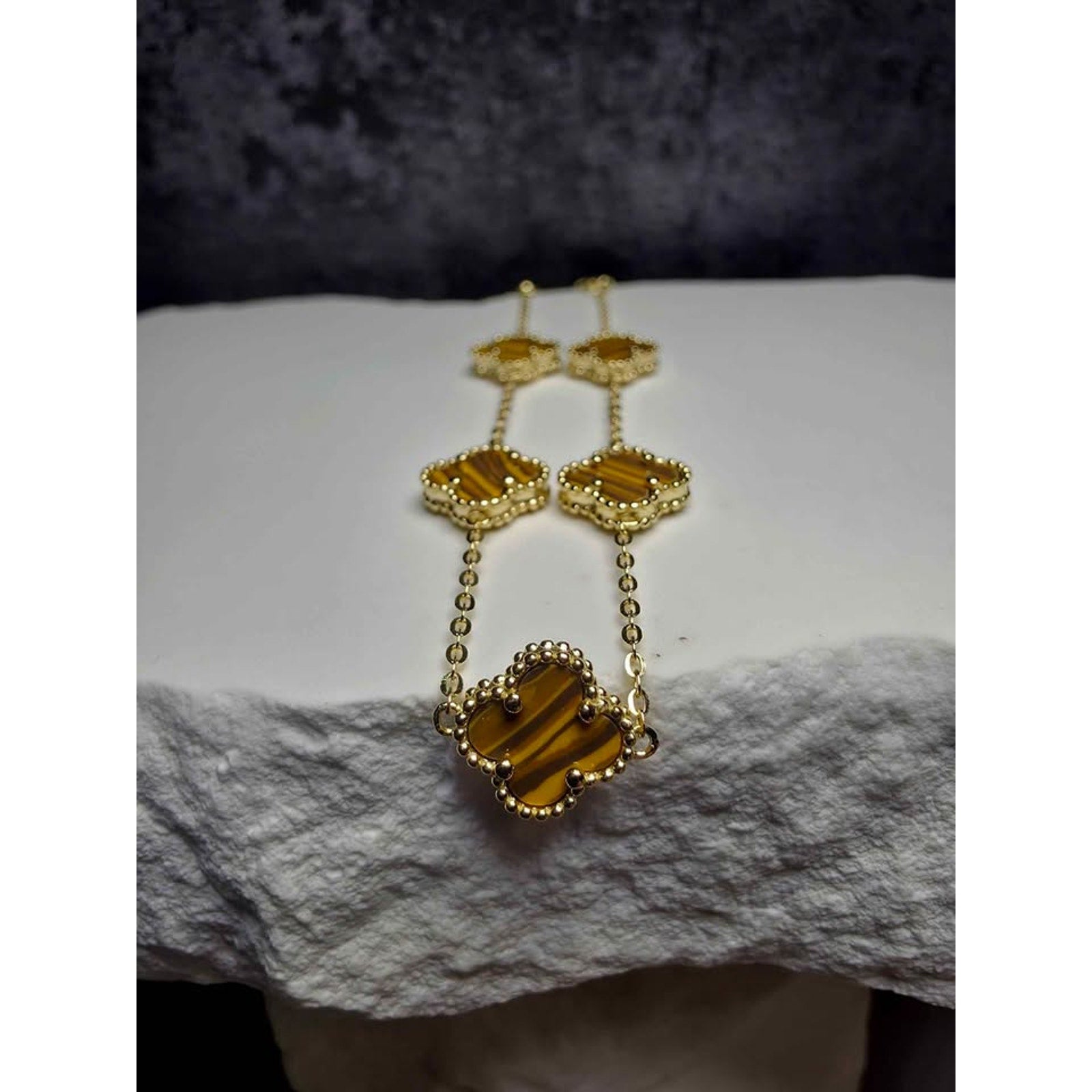 7+1" Genuine Tigers Eye Clover Bracelet Gold over Solid 925 Sterling Silver