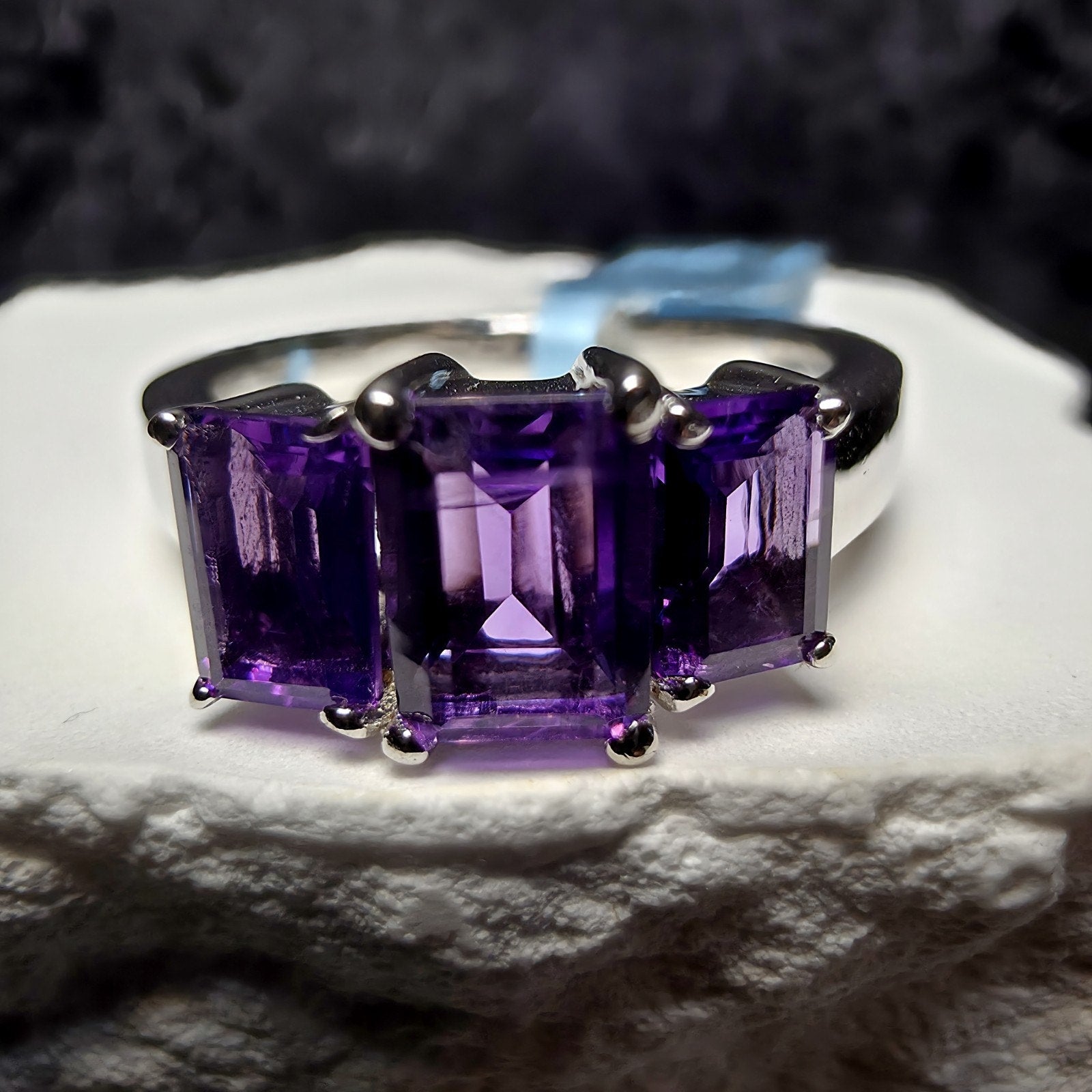 3-Stone Natural Purple Amethyst Ring 925 Sterling Silver Emerald Cut Size 8