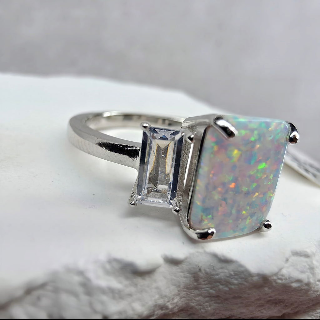 Size 6 White Fire Opal w/CZ Baguette Accents Ring 925 Sterling Silver
