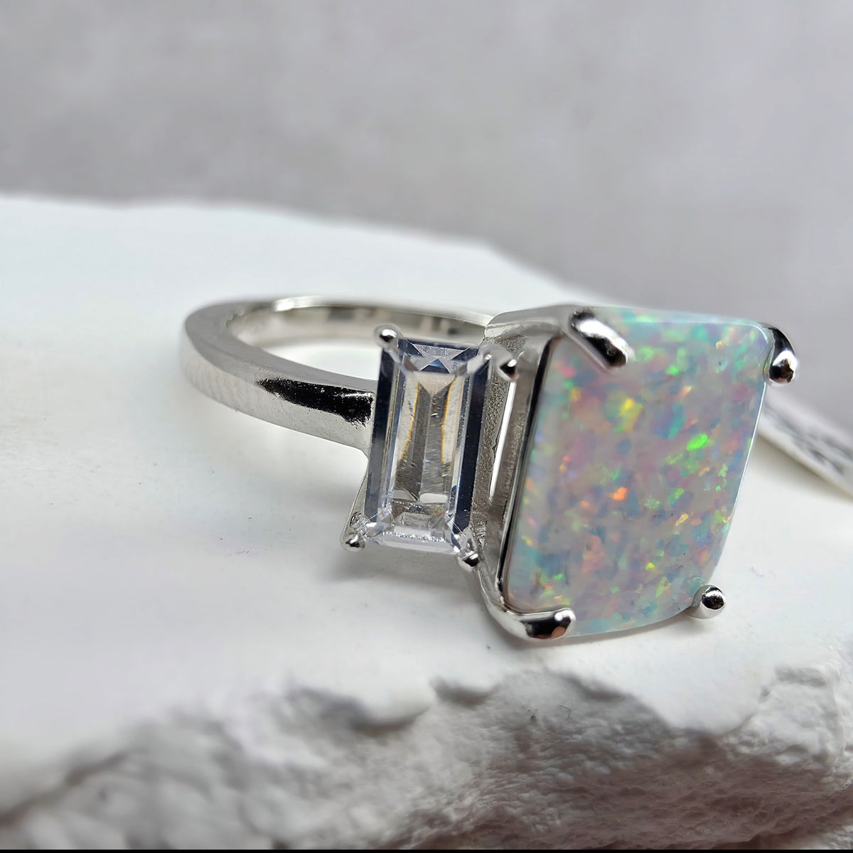 Size 6 White Fire Opal w/CZ Baguette Accents Ring 925 Sterling Silver