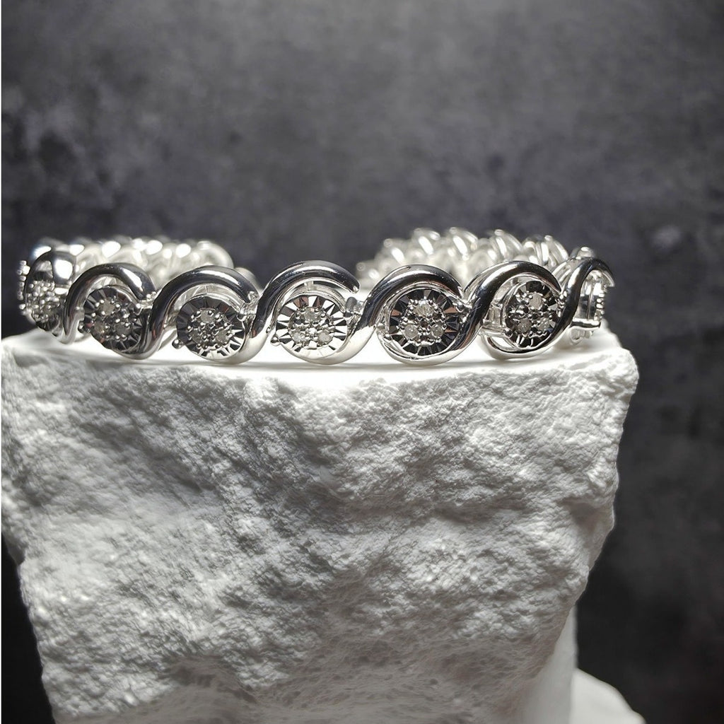 7.5" Natural Diamond S-Link Bezel Set Bracelet 0.25ctw Sterling Silver 6.6mm