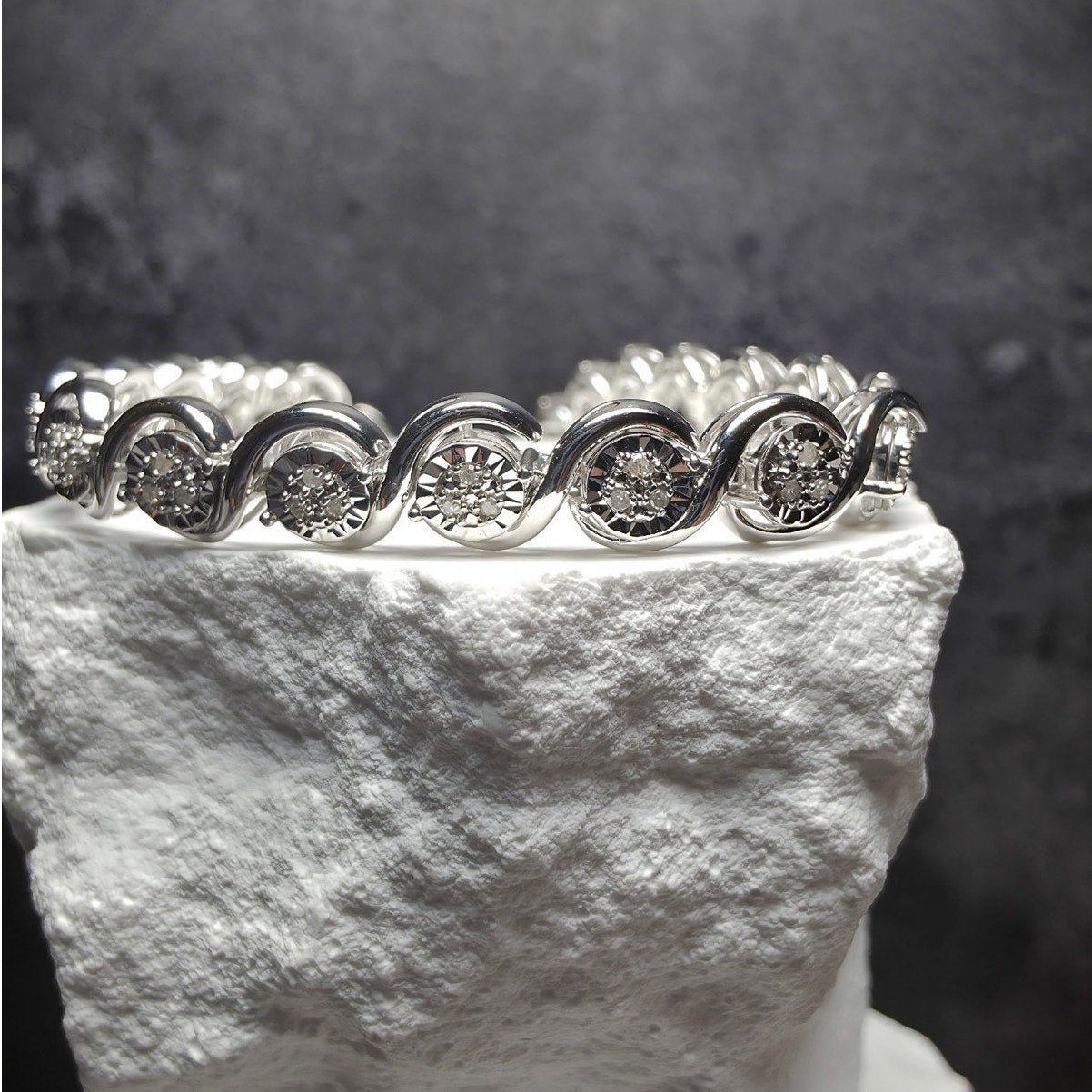 7.5" Natural Diamond S-Link Bezel Set Bracelet 0.25ctw Sterling Silver 6.6mm