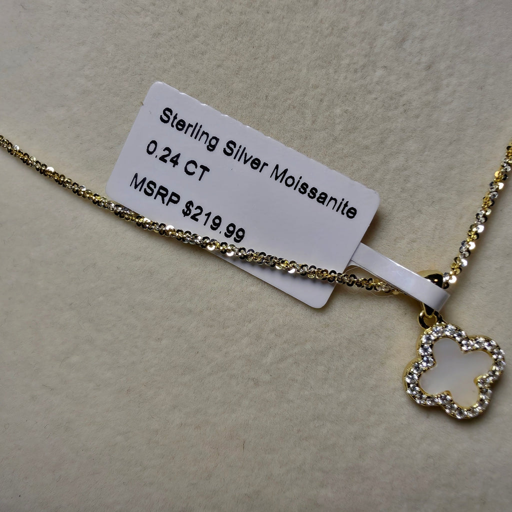 0.24CT Moissanite Mother of Pearl Clover Pendant 20" Two-Tone Twisted Rock Necklace