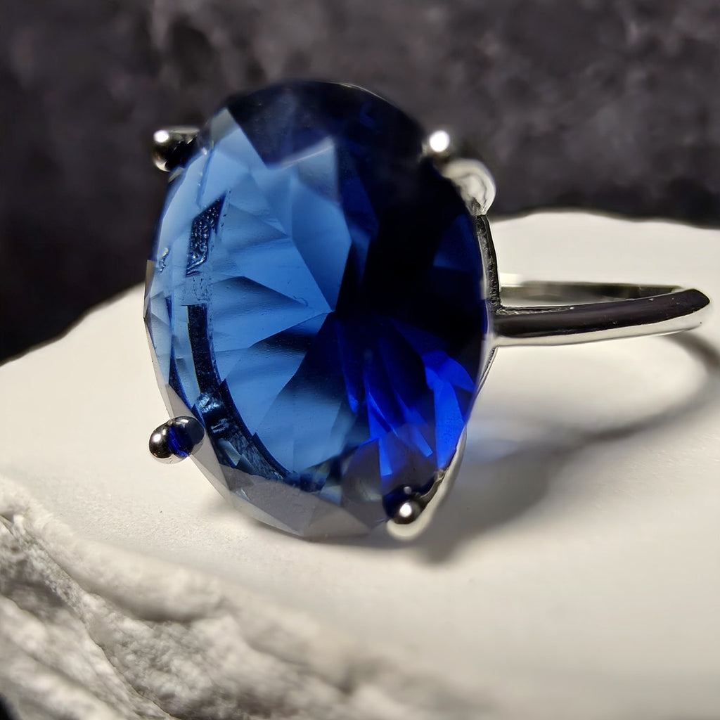 Oval Simulated Blue Sapphire Solitaire Ring in 925 Sterling Silver (Size 8)