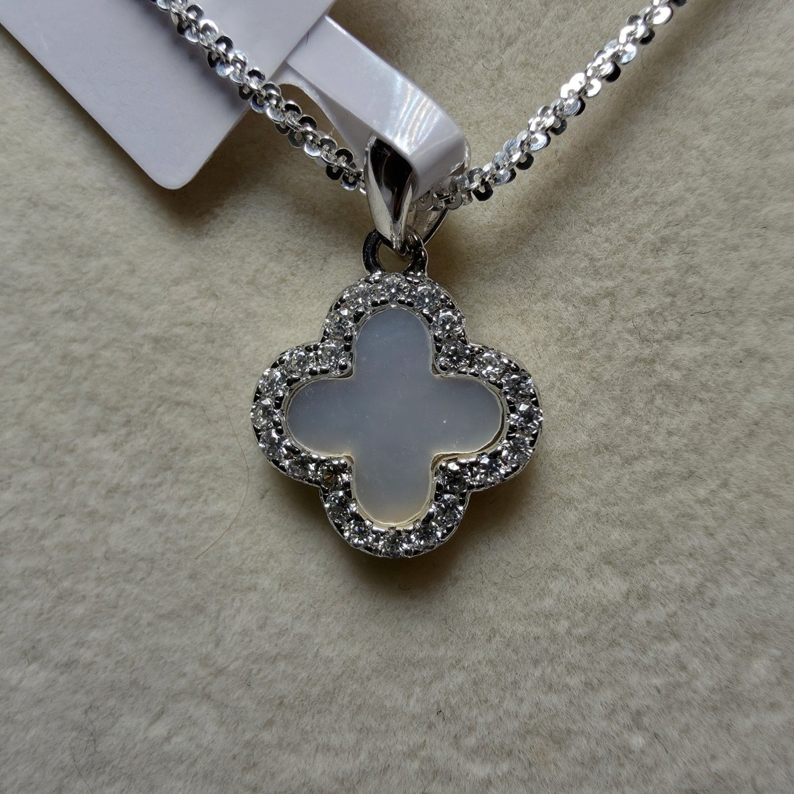 0.24CTW Moissanite & MOP Clover Pendant 18" Twisted Rock Necklace Silver