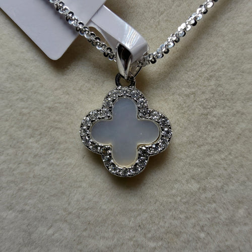 0.24CTW Moissanite & MOP Clover Pendant 18" Twisted Rock Necklace Silver