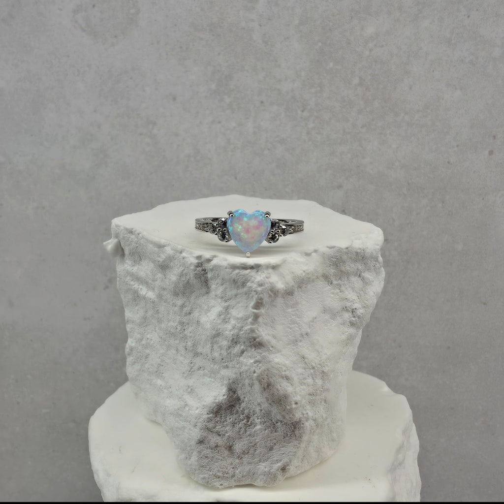 925 Sterling Silver Lab Opal Heart Ring with CZ Accents – Size 7