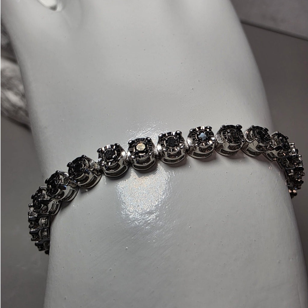 1.0ctw Natural Black Diamond Tennis Bracelet 925 Sterling Silver 7"