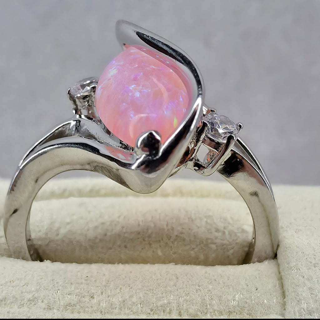 Size 7 Marquise Pink Fire Opal Ribbon Bypass Ring in Solid 925 Sterling Silver