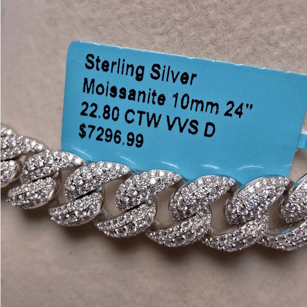 24" 10mm Hollow Moissanite Cuban Chain | 22.80 CTW VVS D, 925 Silver, 62g