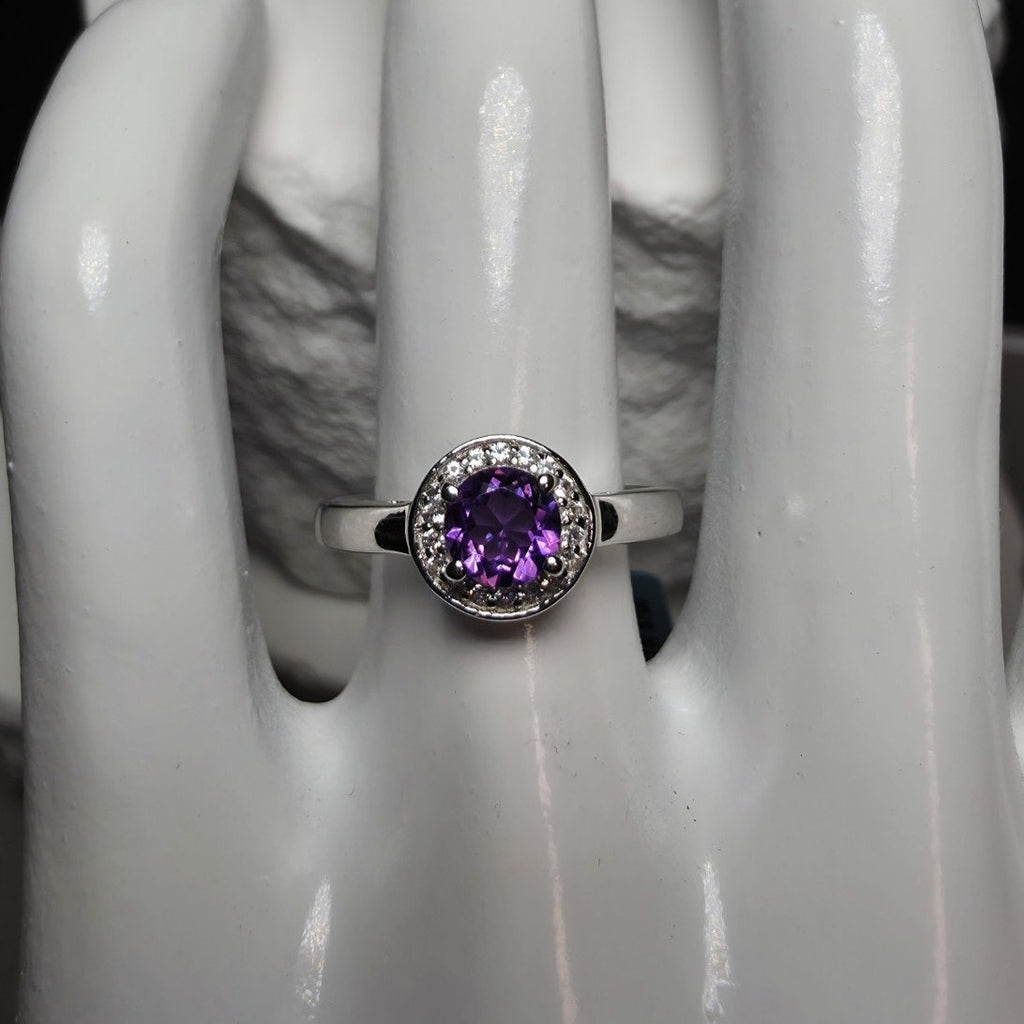 Size 6.5 Natural Amethyst & 0.52ctw Moissanite Halo Ring 925 Sterling Silver