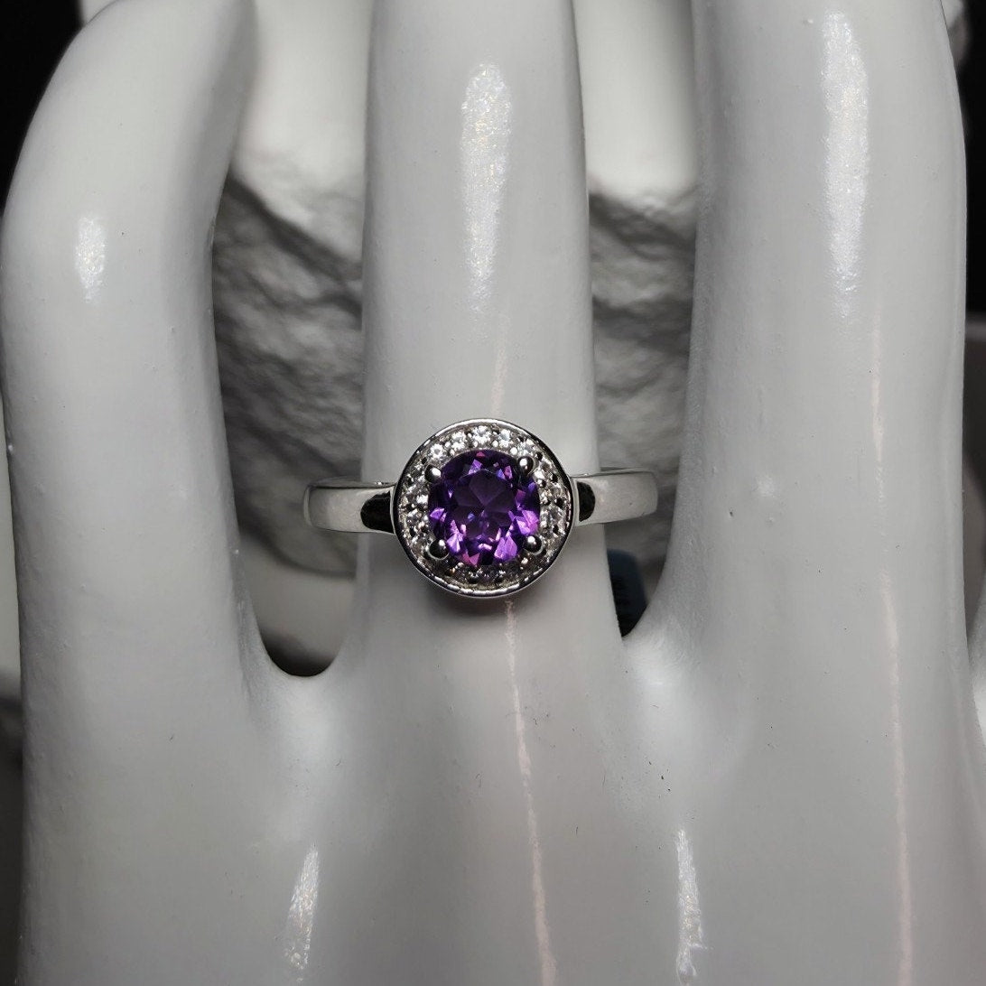 Size 6.5 Natural Amethyst & 0.52ctw Moissanite Halo Ring 925 Sterling Silver