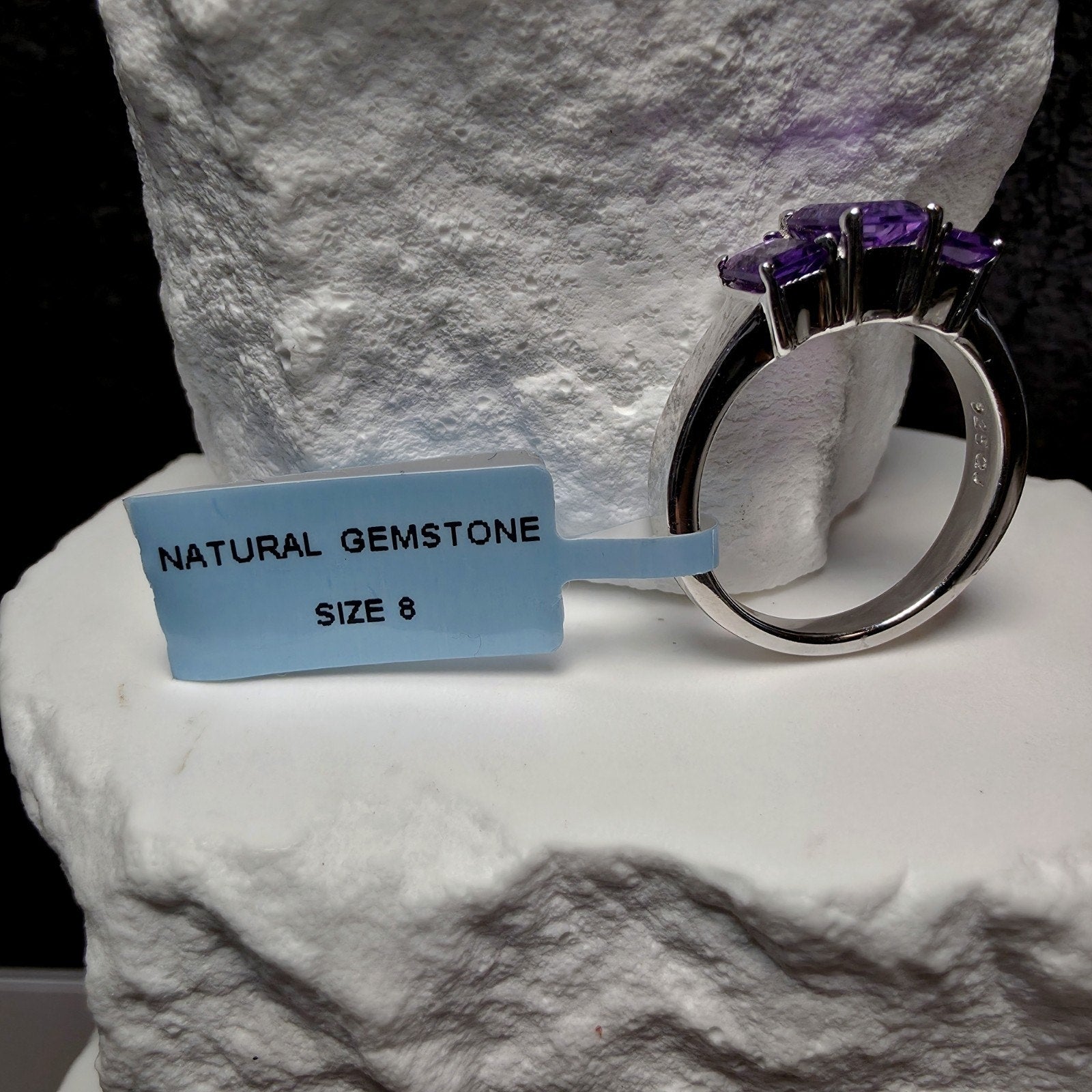 3-Stone Natural Purple Amethyst Ring 925 Sterling Silver Emerald Cut Size 8