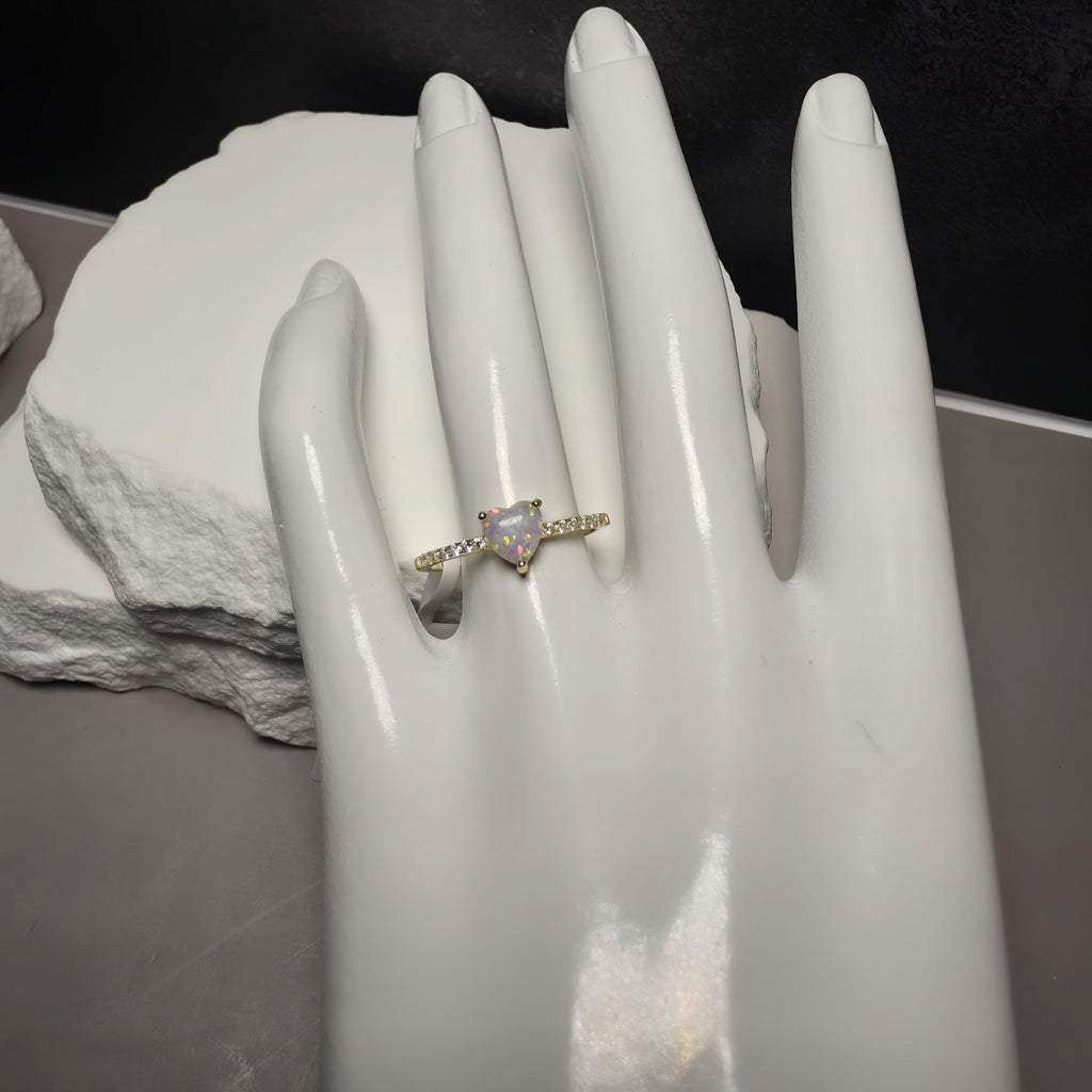 Heart-Cut White Opal & Accent Stones Ring (Size 7.5) Gold Over 925 Silver